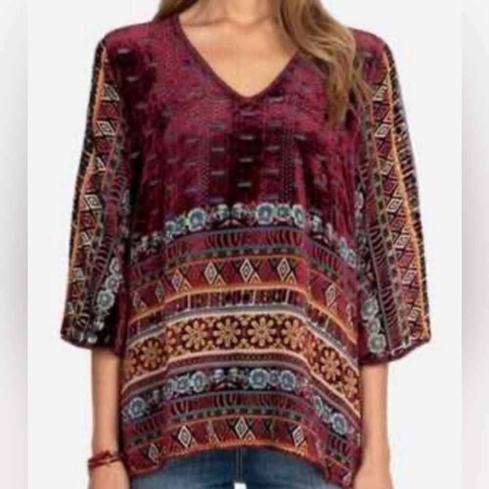 JOHNNY WAS Top S Parisa Velvet Silk Blend Burnout Tunic Boho Chic Maroon